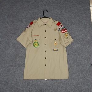 Boy Scouts of America Official Uniform Shirt Boys XL Tan Short Sleeve Patches